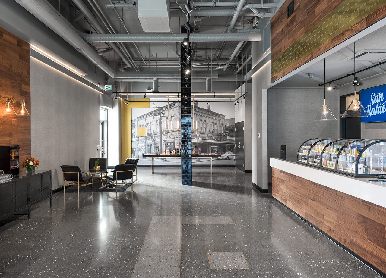Commercial terrazzo floor in a finished hospitality interior.